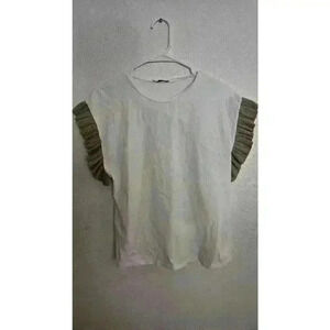 Zara Women's White & Cream Blouse Ruffled Short Sleeves Size M Casual Cottage